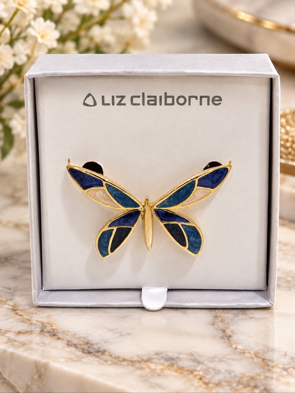 Vintage Liz Claiborne Blue Enamel Butterfly Brooch Pin Gold Tone New in Box